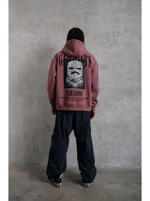 Erkek 3 İplik Pamuklu Kapüşonlu Baskılı Cepli Oversize Sweatshirt Hoodie - Gül Kurusu