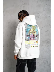 Erkek 3 İplik Pamuklu Kapüşonlu Baskılı Cepli Oversize Sweatshirt Hoodie - Beyaz