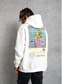 Erkek 3 İplik Pamuklu Kapüşonlu Baskılı Cepli Oversize Sweatshirt Hoodie - Beyaz