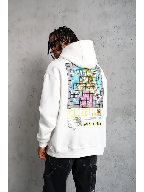 Erkek 3 İplik Pamuklu Kapüşonlu Baskılı Cepli Oversize Sweatshirt Hoodie - Beyaz