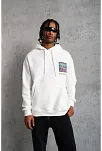 Erkek 3 İplik Pamuklu Kapüşonlu Baskılı Cepli Oversize Sweatshirt Hoodie - Beyaz