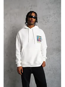Erkek 3 İplik Pamuklu Kapüşonlu Baskılı Cepli Oversize Sweatshirt Hoodie - Beyaz