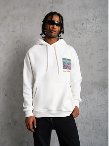 Erkek 3 İplik Pamuklu Kapüşonlu Baskılı Cepli Oversize Sweatshirt Hoodie - Beyaz