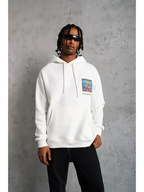 Erkek 3 İplik Pamuklu Kapüşonlu Baskılı Cepli Oversize Sweatshirt Hoodie - Beyaz