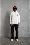 Erkek 3 İplik Pamuklu Kapüşonlu Baskılı Cepli Oversize Sweatshirt Hoodie - Beyaz