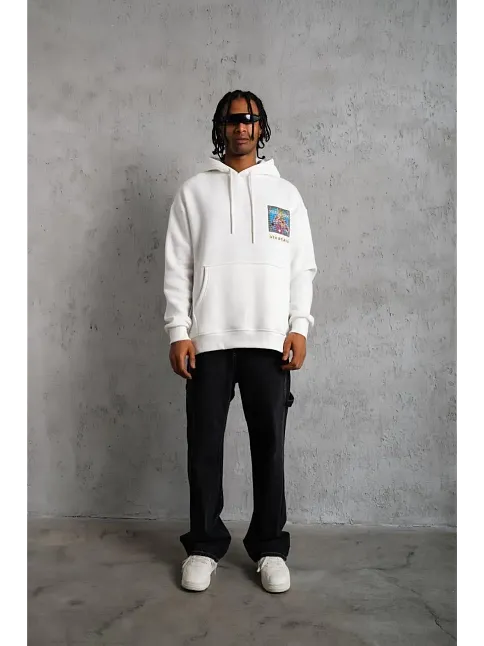 Erkek 3 İplik Pamuklu Kapüşonlu Baskılı Cepli Oversize Sweatshirt Hoodie - Beyaz