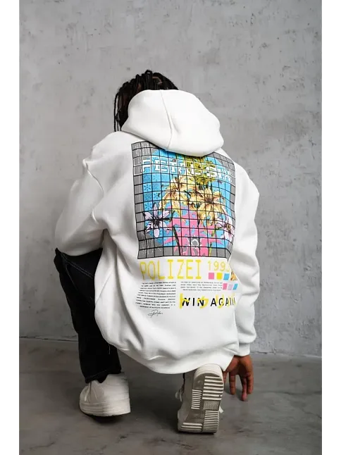 Erkek 3 İplik Pamuklu Kapüşonlu Baskılı Cepli Oversize Sweatshirt Hoodie - Beyaz