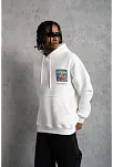 Erkek 3 İplik Pamuklu Kapüşonlu Baskılı Cepli Oversize Sweatshirt Hoodie - Beyaz