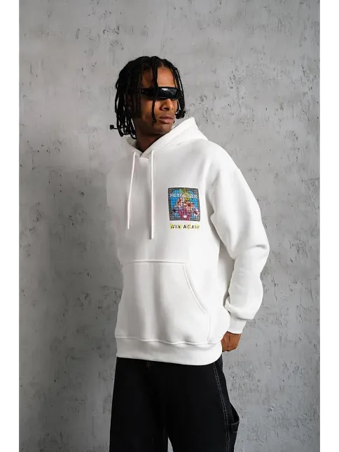 Erkek 3 İplik Pamuklu Kapüşonlu Baskılı Cepli Oversize Sweatshirt Hoodie - Beyaz