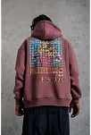 Erkek 3 İplik Pamuklu Kapüşonlu Baskılı Cepli Oversize Sweatshirt Hoodie - Gül Kurusu