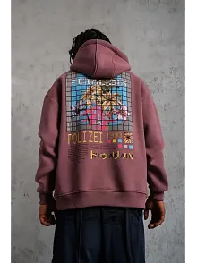Erkek 3 İplik Pamuklu Kapüşonlu Baskılı Cepli Oversize Sweatshirt Hoodie - Gül Kurusu