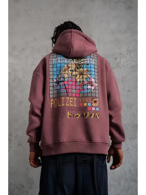 Erkek 3 İplik Pamuklu Kapüşonlu Baskılı Cepli Oversize Sweatshirt Hoodie - Gül Kurusu