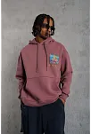 Erkek 3 İplik Pamuklu Kapüşonlu Baskılı Cepli Oversize Sweatshirt Hoodie - Gül Kurusu