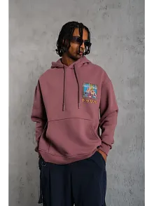 Erkek 3 İplik Pamuklu Kapüşonlu Baskılı Cepli Oversize Sweatshirt Hoodie - Gül Kurusu