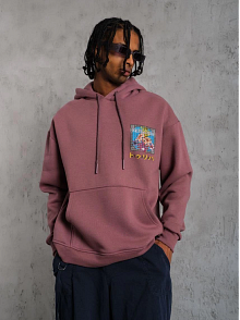 Erkek 3 İplik Pamuklu Kapüşonlu Baskılı Cepli Oversize Sweatshirt Hoodie - Gül Kurusu