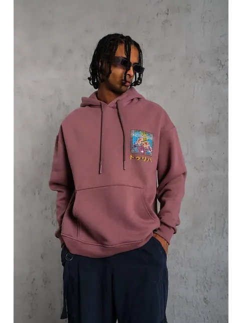 Erkek 3 İplik Pamuklu Kapüşonlu Baskılı Cepli Oversize Sweatshirt Hoodie - Gül Kurusu