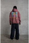 Erkek 3 İplik Pamuklu Kapüşonlu Baskılı Cepli Oversize Sweatshirt Hoodie - Gül Kurusu