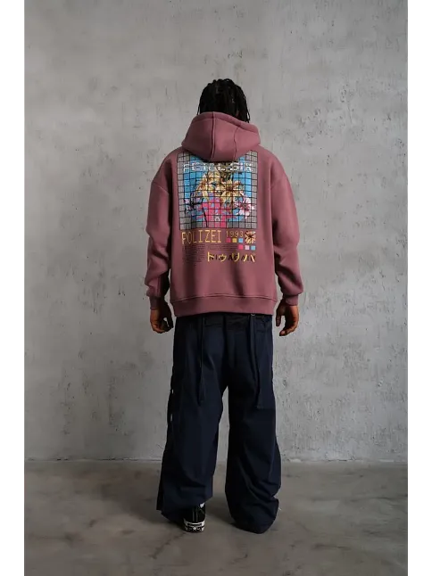 Erkek 3 İplik Pamuklu Kapüşonlu Baskılı Cepli Oversize Sweatshirt Hoodie - Gül Kurusu