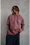 Erkek 3 İplik Pamuklu Kapüşonlu Baskılı Cepli Oversize Sweatshirt Hoodie - Gül Kurusu