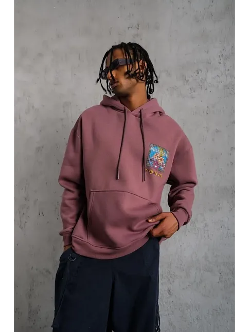 Erkek 3 İplik Pamuklu Kapüşonlu Baskılı Cepli Oversize Sweatshirt Hoodie - Gül Kurusu