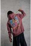 Erkek 3 İplik Pamuklu Kapüşonlu Baskılı Cepli Oversize Sweatshirt Hoodie - Gül Kurusu