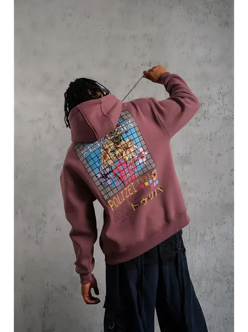 Erkek 3 İplik Pamuklu Kapüşonlu Baskılı Cepli Oversize Sweatshirt Hoodie - Gül Kurusu