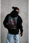 Erkek 3 İplik Pamuklu Kapüşonlu Baskılı Cepli Oversize Sweatshirt Hoodie - Siyah