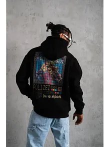 Erkek 3 İplik Pamuklu Kapüşonlu Baskılı Cepli Oversize Sweatshirt Hoodie - Siyah