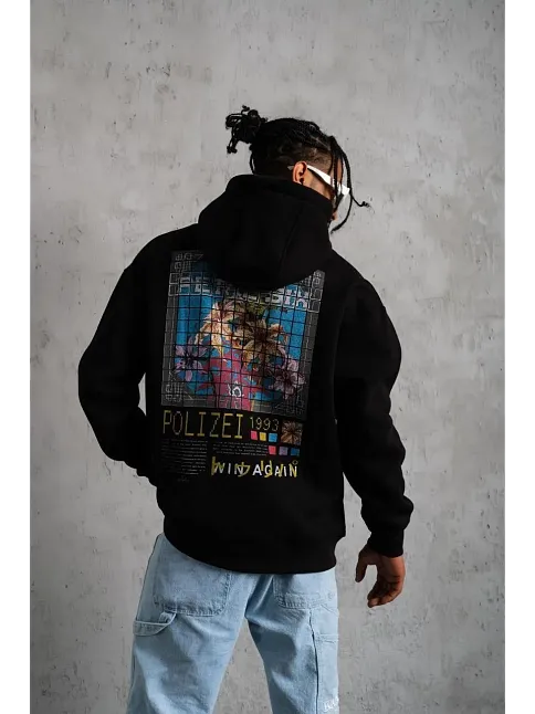 Erkek 3 İplik Pamuklu Kapüşonlu Baskılı Cepli Oversize Sweatshirt Hoodie - Siyah