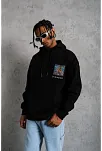 Erkek 3 İplik Pamuklu Kapüşonlu Baskılı Cepli Oversize Sweatshirt Hoodie - Siyah