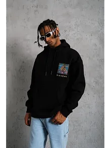 Erkek 3 İplik Pamuklu Kapüşonlu Baskılı Cepli Oversize Sweatshirt Hoodie - Siyah