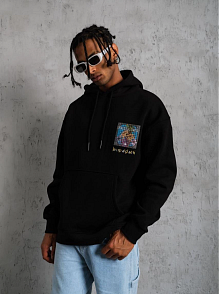 Erkek 3 İplik Pamuklu Kapüşonlu Baskılı Cepli Oversize Sweatshirt Hoodie - Siyah
