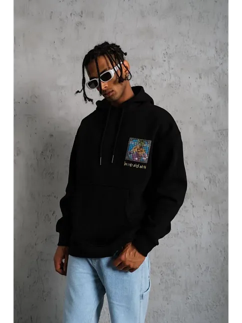 Erkek 3 İplik Pamuklu Kapüşonlu Baskılı Cepli Oversize Sweatshirt Hoodie - Siyah