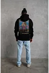 Erkek 3 İplik Pamuklu Kapüşonlu Baskılı Cepli Oversize Sweatshirt Hoodie - Siyah