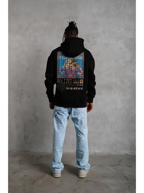 Erkek 3 İplik Pamuklu Kapüşonlu Baskılı Cepli Oversize Sweatshirt Hoodie - Siyah
