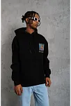Erkek 3 İplik Pamuklu Kapüşonlu Baskılı Cepli Oversize Sweatshirt Hoodie - Siyah