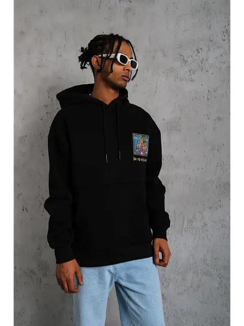Erkek 3 İplik Pamuklu Kapüşonlu Baskılı Cepli Oversize Sweatshirt Hoodie - Siyah