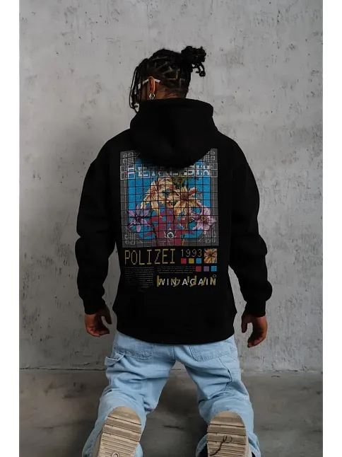 Erkek 3 İplik Pamuklu Kapüşonlu Baskılı Cepli Oversize Sweatshirt Hoodie - Siyah