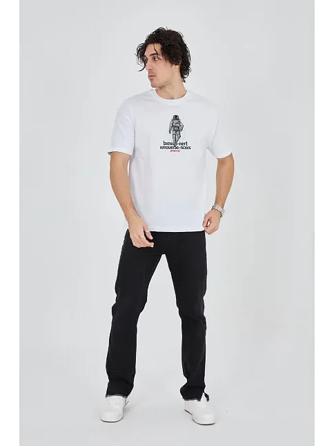 Erkek Baskılı T-shirt Kısa Kol Bisiklet Yaka Regular Fit Rahat Kalıp Günlük Tişört - Beyaz