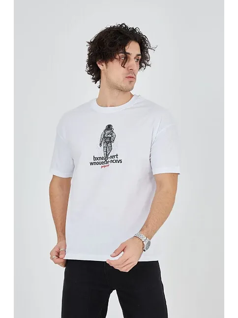 Erkek Baskılı T-shirt Kısa Kol Bisiklet Yaka Regular Fit Rahat Kalıp Günlük Tişört - Beyaz