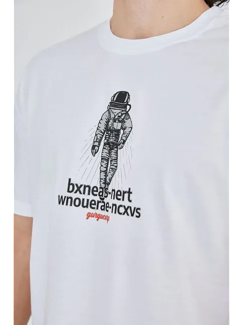Erkek Baskılı T-shirt Kısa Kol Bisiklet Yaka Regular Fit Rahat Kalıp Günlük Tişört - Beyaz