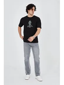 Erkek Baskılı T-shirt Kısa Kol Bisiklet Yaka Regular Fit Rahat Kalıp Günlük Tişört - Siyah
