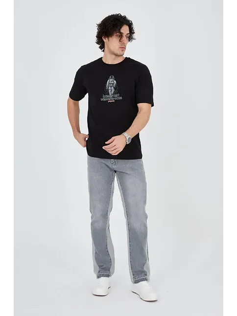 Erkek Baskılı T-shirt Kısa Kol Bisiklet Yaka Regular Fit Rahat Kalıp Günlük Tişört - Siyah