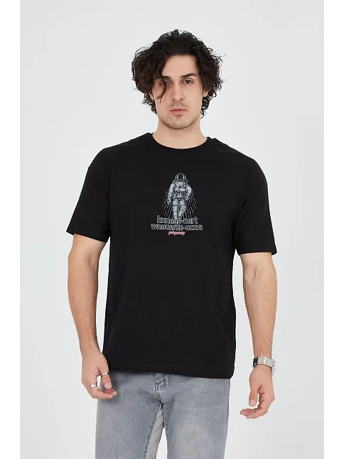 Erkek Baskılı T-shirt Kısa Kol Bisiklet Yaka Regular Fit Rahat Kalıp Günlük Tişört - Siyah