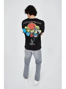 Erkek Baskılı T-shirt Kısa Kol Bisiklet Yaka Regular Fit Rahat Kalıp Günlük Tişört - Siyah