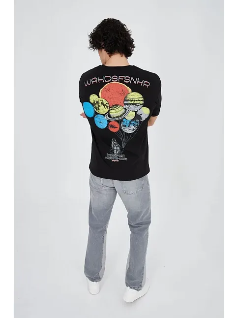 Erkek Baskılı T-shirt Kısa Kol Bisiklet Yaka Regular Fit Rahat Kalıp Günlük Tişört - Siyah