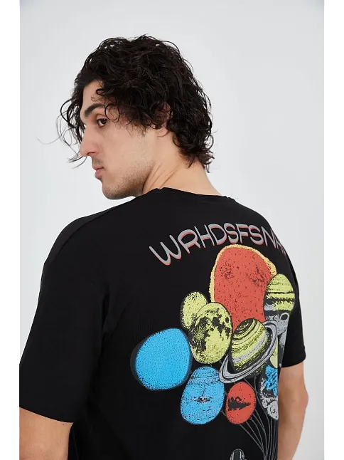 Erkek Baskılı T-shirt Kısa Kol Bisiklet Yaka Regular Fit Rahat Kalıp Günlük Tişört - Siyah
