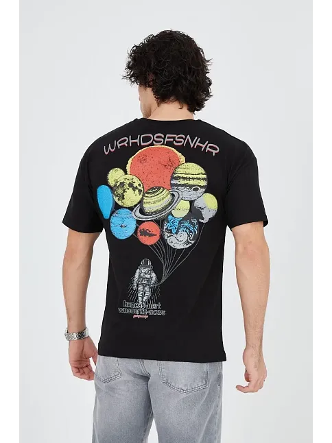 Erkek Baskılı T-shirt Kısa Kol Bisiklet Yaka Regular Fit Rahat Kalıp Günlük Tişört - Siyah
