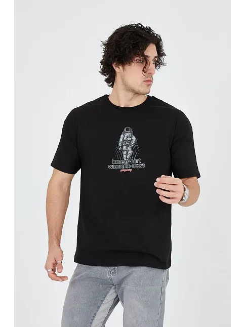 Erkek Baskılı T-shirt Kısa Kol Bisiklet Yaka Regular Fit Rahat Kalıp Günlük Tişört - Siyah