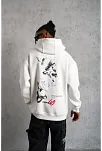 Erkek 3 İplik Pamuklu Kapüşonlu Baskılı Cepli Oversize Sweatshirt Hoodie - Beyaz